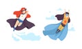 Little Girl in Superhero Cloak and Mask Having Superpower Flying Vector Set