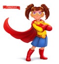Little girl in superhero costume with red coats. Comic character, vector illustration