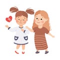 Little Girl Supporting and Comforting Sad Friend with Broken Heart Feeling Empathy and Compassion Vector Illustration