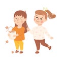 Little Girl Supporting and Comforting Sad Friend Holding Faded Flower in Flowerpot Feeling Empathy and Compassion Vector