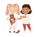 Little Girl Supporting and Comforting Sad Friend with Teddy Bear with Ripped Paw Vector Illustration