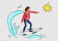 Little girl surfing on colored sketch