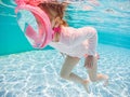 Little girl swimming underwater in the pool. Learning child to swim and snorkeling Royalty Free Stock Photo