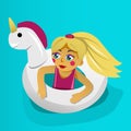 Little girl swimming in unicorn-form lifebuoy. Vector illustration