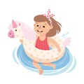 Little Girl in Swimsuit Swimming with Unicorn Rubber Ring Vector Illustration