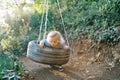 Little girl swings on a tire swing, leaning on her belly Royalty Free Stock Photo