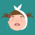 Little girl with swollen cheek crying because of toothache, vector illustration.