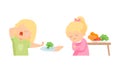 Little Girl at Table Showing Dislike and Disgust Towards Broccoli and Vegetable Vector Set