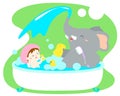 Little girl take a bath with elephant in tub . Royalty Free Stock Photo