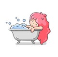 Little girl taking a foam bath. Cute cartoon character for emoji, sticker, pin, patch, badge.