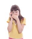 The little girl talks by a mobile phone. Royalty Free Stock Photo