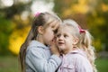 A little girl tells the secret in her friend`s ear Royalty Free Stock Photo