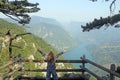 Little girl with thumbs up enjoy in nature viewpoint Banjska stena Tara