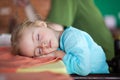 Little girl tired and fall asleep in cafe