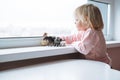 Little girl toddler playing with animal toys on table in children`s room at home Royalty Free Stock Photo