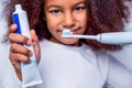 Little girl toothbrush closeup. Little cute african american girl brushing her teeth. Healthy teeth, toothpaste. Small Royalty Free Stock Photo
