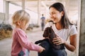 Little girl touches with her fingers a goatling in her mother arms on a farm Royalty Free Stock Photo