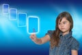 Little girl is touching ransparent rectangle touchscreen