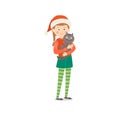 Little girl in traditional Christmas clothes with cute cat smiling. Child and pet Christmas portrait. Cartoon vector Royalty Free Stock Photo