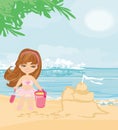 Little girl at tropical beach making sand castle Royalty Free Stock Photo