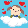 Little girl with two ponytails on a cloud thinking