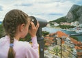 Little girl using telescope. Royalty Free Stock Photo