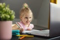 little girl using laptop at home for distance learning or homework. e-learning Royalty Free Stock Photo