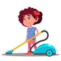 Little Girl Vacuuming Floor In House Vector. Isolated Illustration Royalty Free Stock Photo