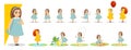 Little girl in various gesture expression poses. Female child shows different emotion set. Cute kid character plays and