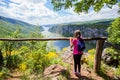 Little girl at viewpoint, beautiful nature landscape, amazing view on gorge Danube river Royalty Free Stock Photo