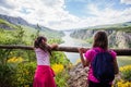 Little girl at viewpoint, beautiful nature landscape, amazing view on gorge Danube river Royalty Free Stock Photo