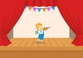 Little girl with violin on the stage of the theater. The play in the kindergarten. Flat vector illustration, isolated on
