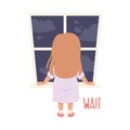 Little Girl Waiting Standing Near Window Demonstrating Vocabulary and Verb Studying Vector Illustration