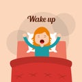 Little girl wake up in the bed arms stretching Royalty Free Stock Photo