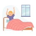 Little girl wakes up in her bed. Vector illustration for banners, posters, postcard. Cartoon style character Royalty Free Stock Photo