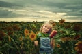 Little girl on a walk in the field with sunflowers Royalty Free Stock Photo