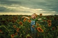 Little girl on a walk in the field with sunflowers Royalty Free Stock Photo