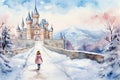 little girl walk to big pink castle in winter AI generated