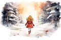 little girl walk in winter forest illustration AI generated