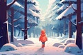 little girl walk in winter forest landscape