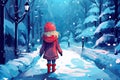 little girl walk in winter forest landscape