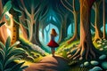 Little girl walking alone in fairytale magic forest