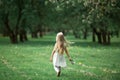 Little girl is walking in an apple garden Royalty Free Stock Photo