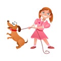 Little girl walks dog on leash. Cartoon characters. Vector illustration