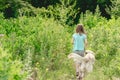 Little girl walking dog on meadow Royalty Free Stock Photo