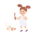 Little Girl Walking the Dog Playing with Stick Engaged in Daily Activity and Everyday Routine Vector Illustration