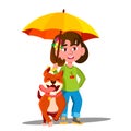 Little Girl Walking A Dog Under Umbrella In The Rain Vector. Illustration Royalty Free Stock Photo