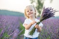 Little girl is walking in lavender field. Smiling kid is holding fragrant bouquet of lavender Royalty Free Stock Photo