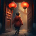 A little girl walking out through a wooden door in the middle of two red Lanterns. Chinese New Year celebrations Royalty Free Stock Photo