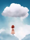 little girl walking in the sky holding cloud with balloon string generative AI illustration